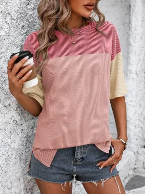 Color Block Round Neck Half Sleeve T-Shirt Top