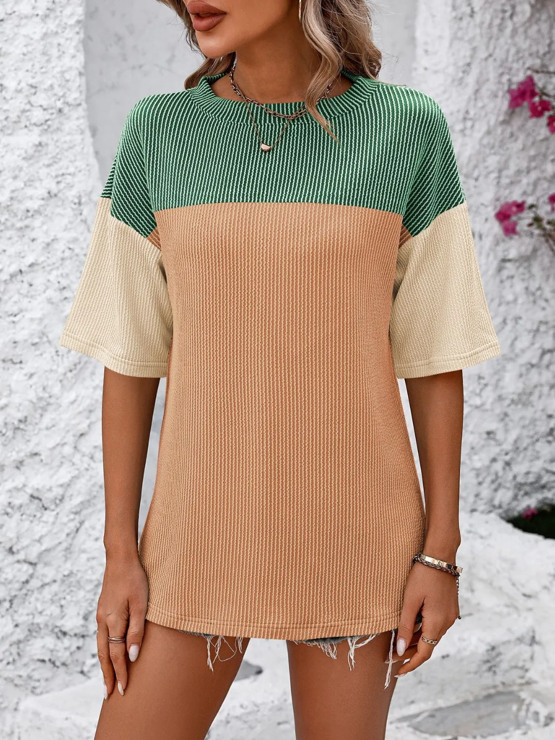 Color Block Round Neck Half Sleeve T-Shirt Top