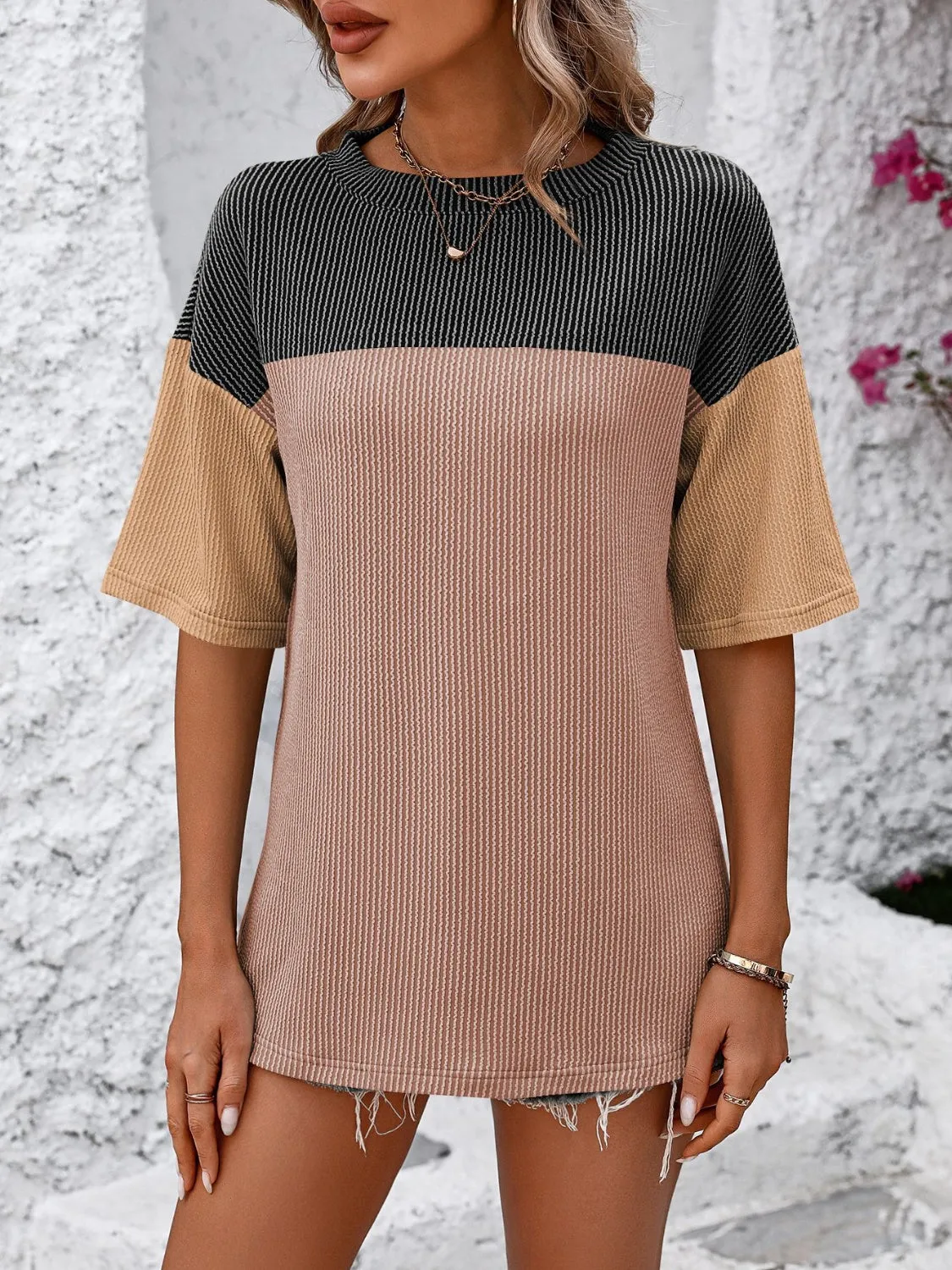 Color Block Round Neck Half Sleeve T-Shirt Top