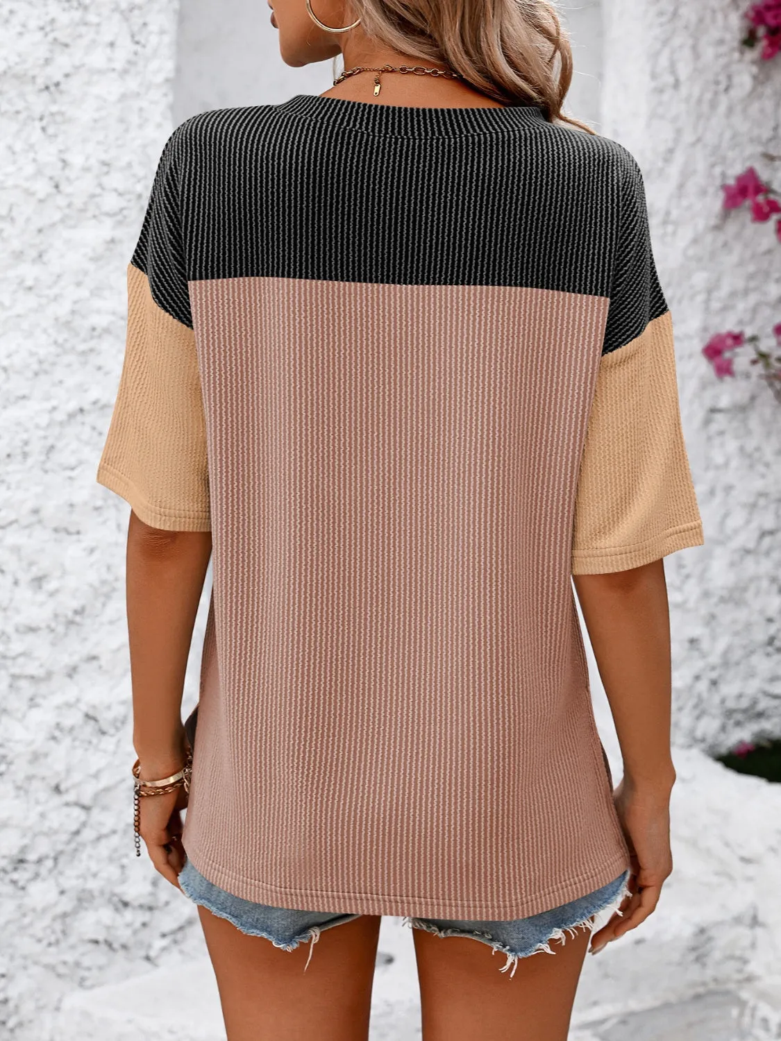 Color Block Round Neck Half Sleeve T-Shirt Top