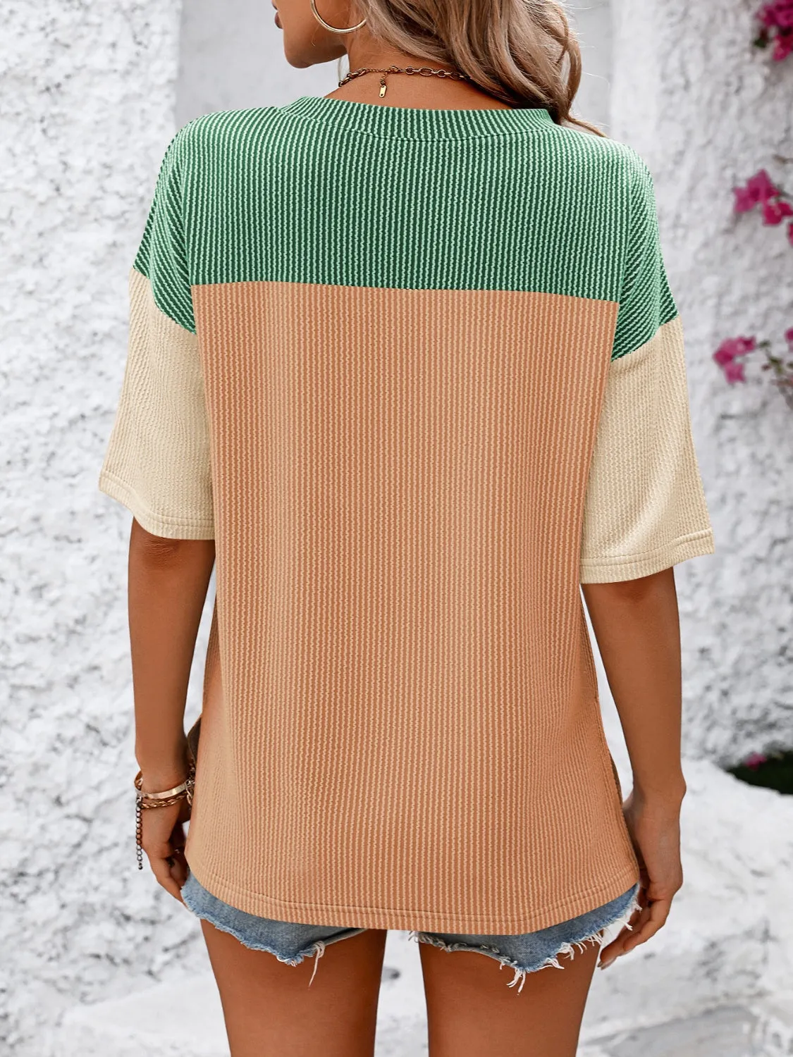 Color Block Round Neck Half Sleeve T-Shirt Top