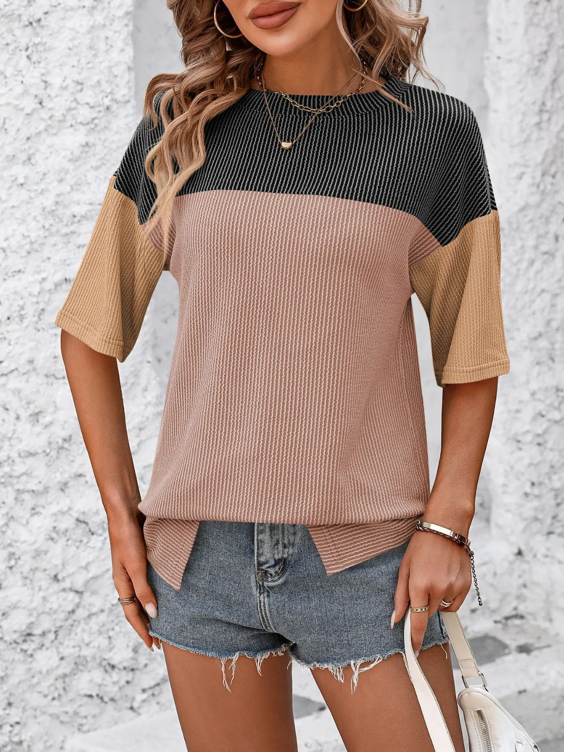 Color Block Round Neck Half Sleeve T-Shirt Top