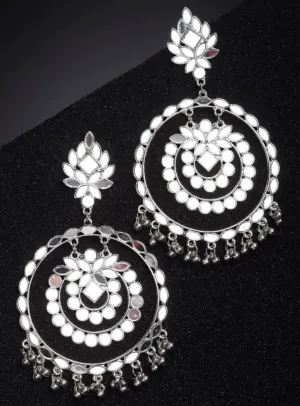 Combo Of 2 Oxidised Silver Plated Mirror Studded Round Shape Drop Earrings