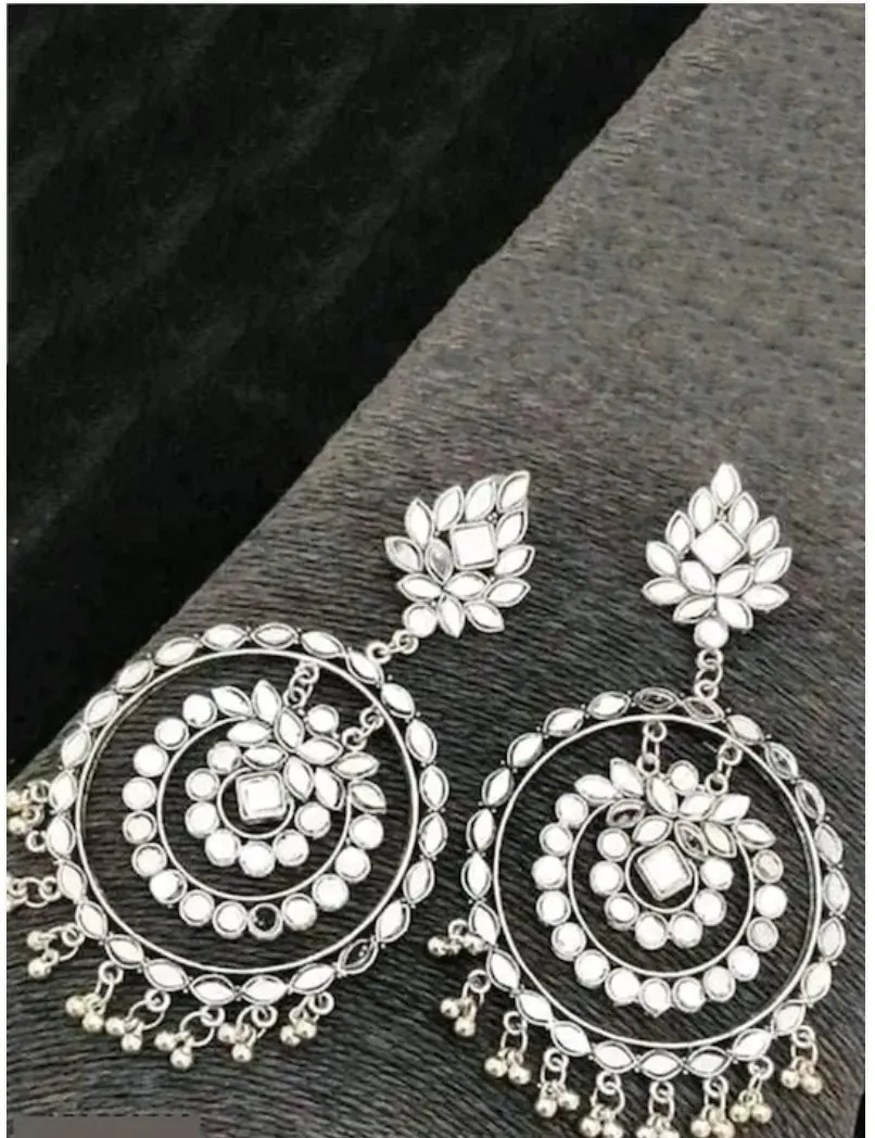 Combo Of 2 Oxidised Silver Plated Mirror Studded Round Shape Drop Earrings