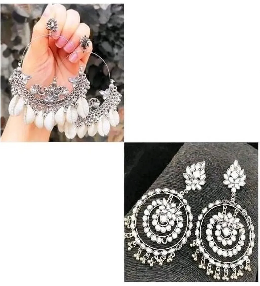 Combo Of 2 Oxidised Silver Plated Mirror Studded Round Shape Drop Earrings