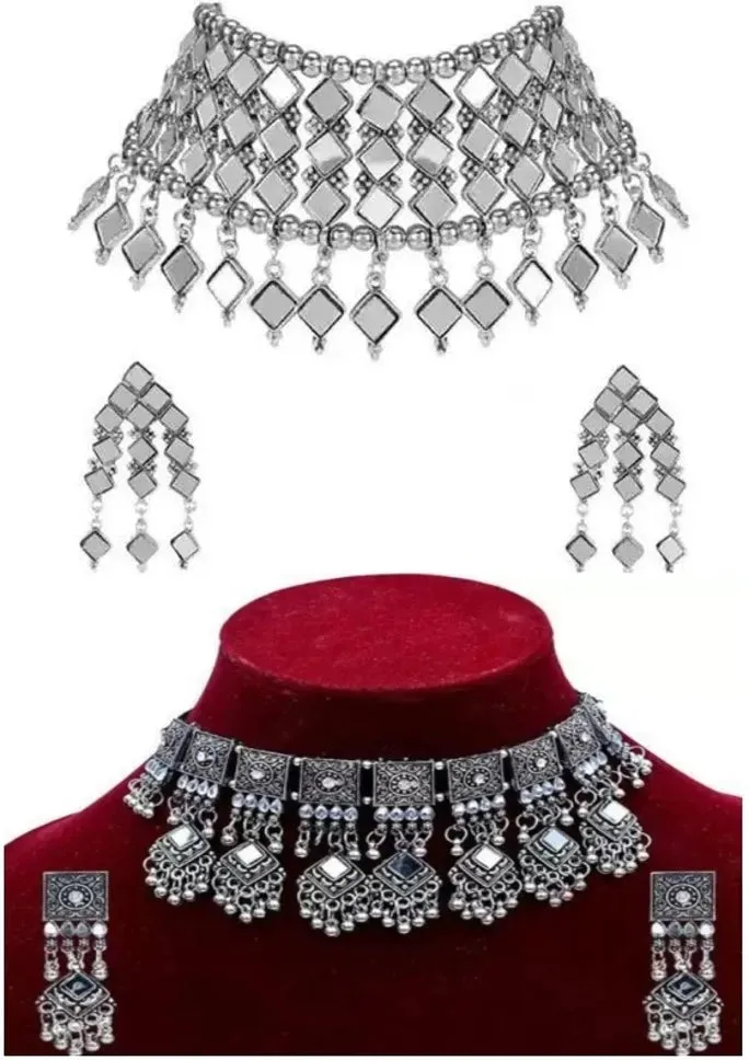 Combo Of 2 Silver-Plated Stone Studded & Beaded Jewellery Set