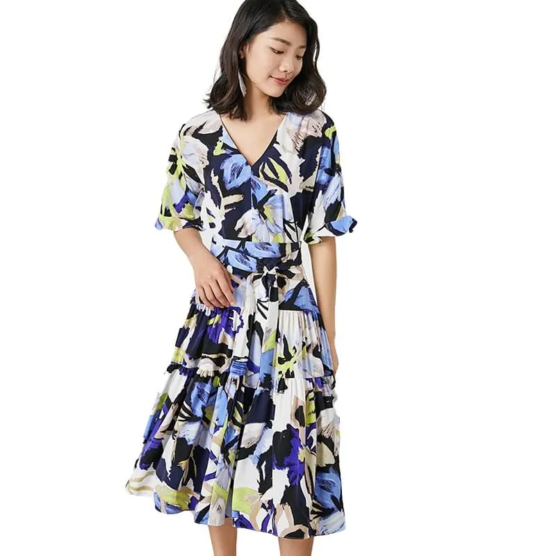 D081-1 Women fashion floral print short sleeves tiered midi day dress