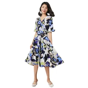 D081-1 Women fashion floral print short sleeves tiered midi day dress