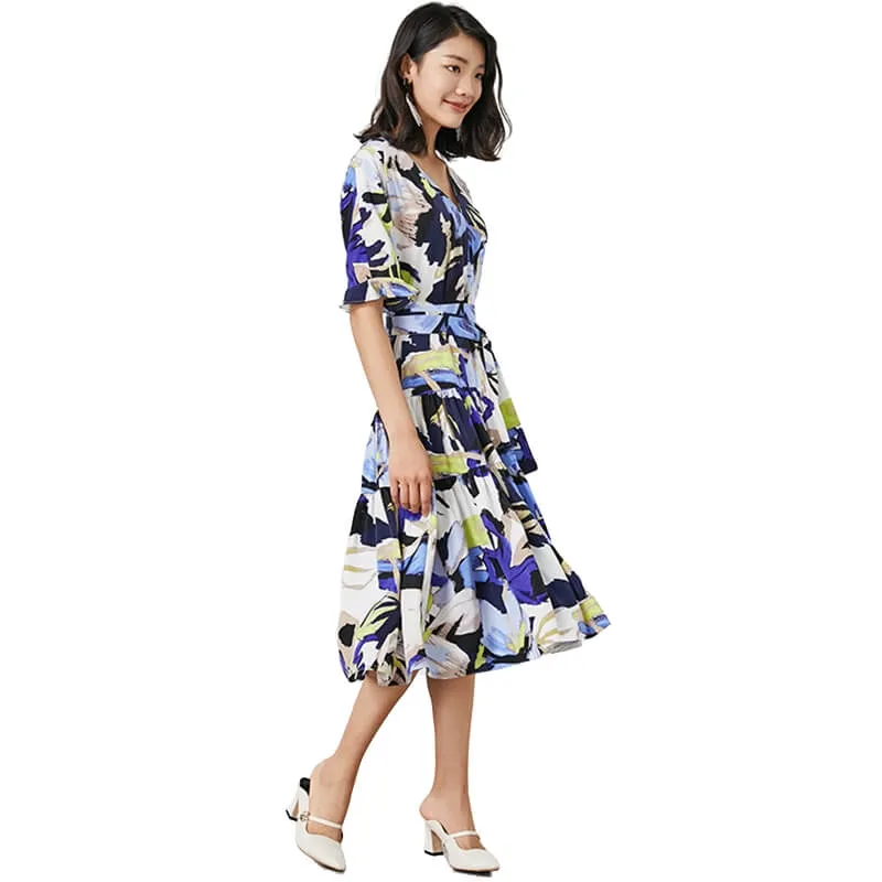 D081-1 Women fashion floral print short sleeves tiered midi day dress