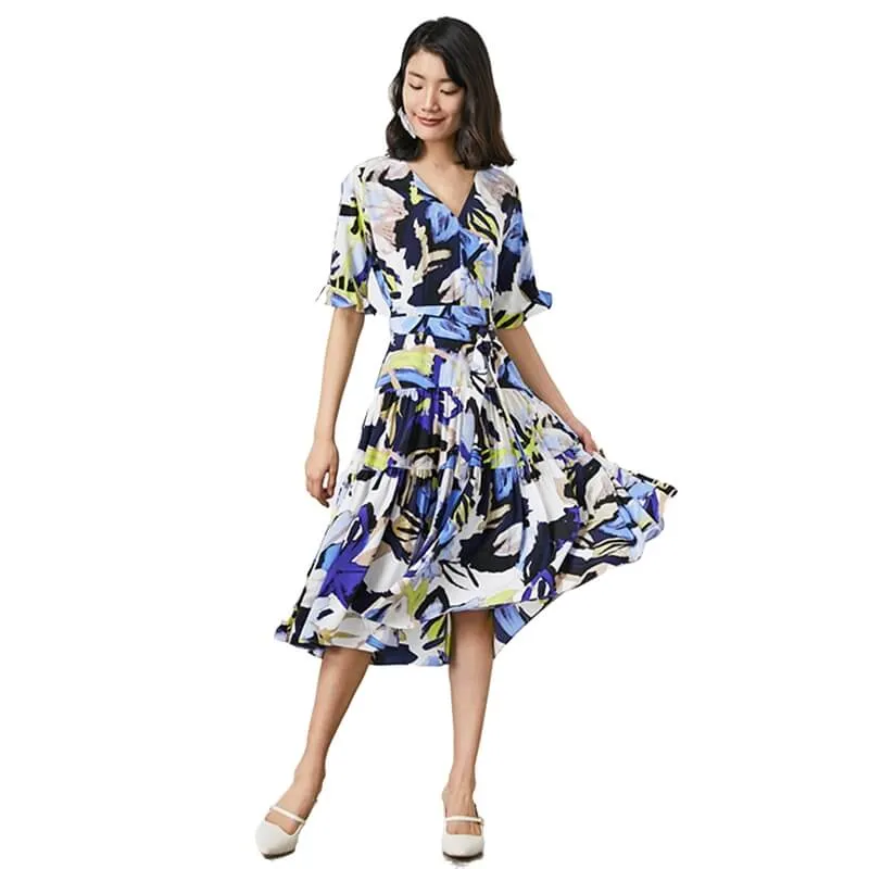 D081-1 Women fashion floral print short sleeves tiered midi day dress