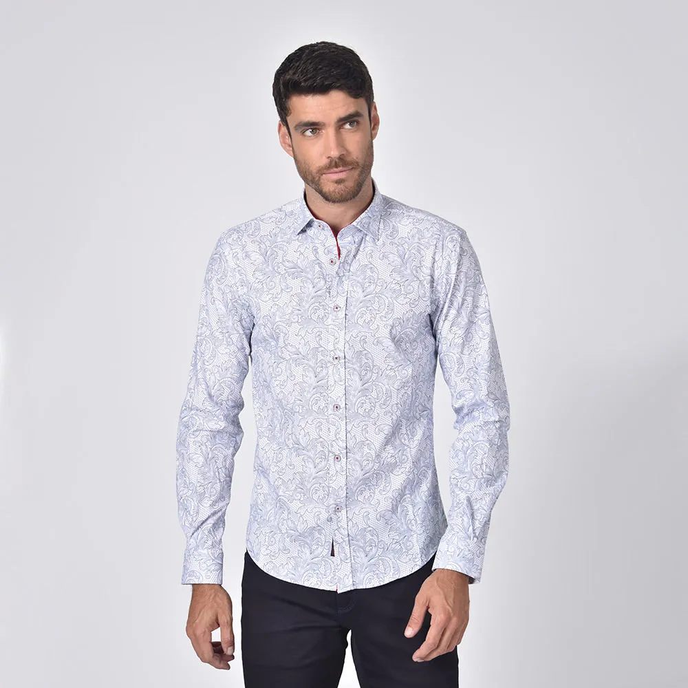 Damask Print Button Down Shirt in White