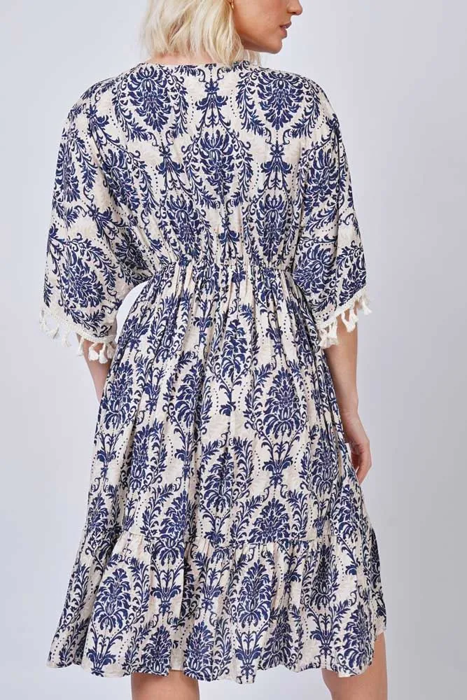 Damask Print Tassel Lace Sleeve Hem Dress