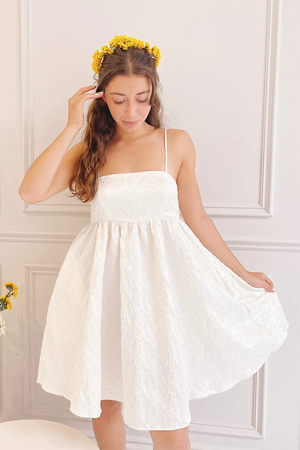 Daya | Ivory Satin Embroidered Babydoll Dress