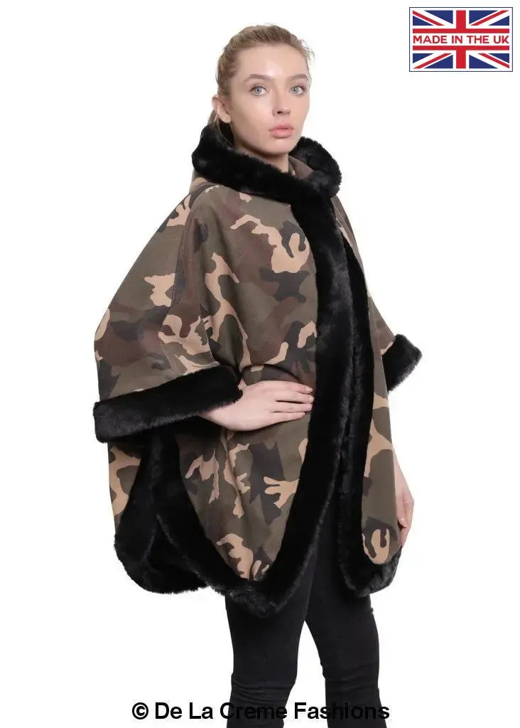 De La Creme - Women's Camo Print Fur Trim Hooded Cape