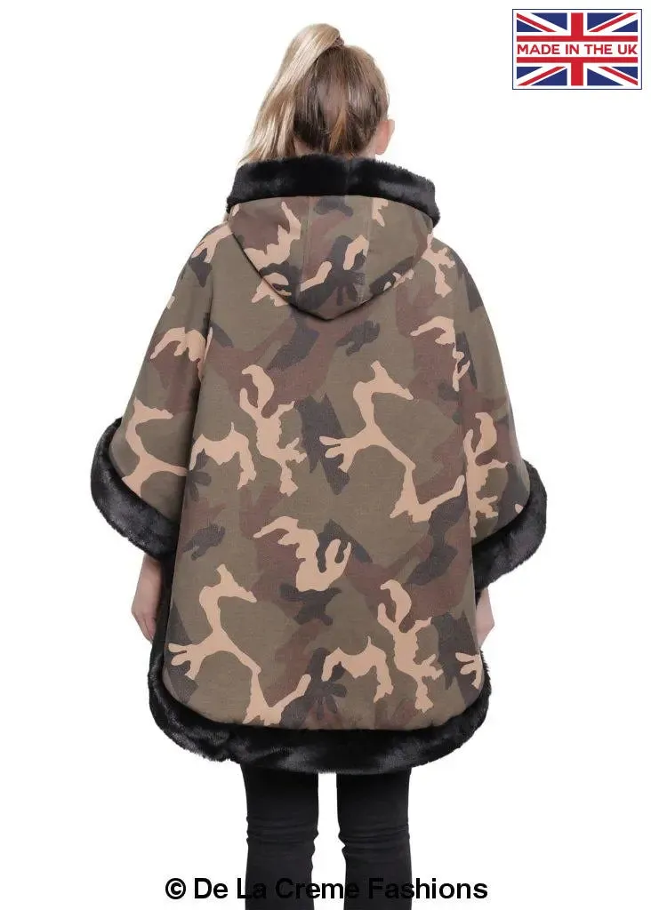 De La Creme - Women's Camo Print Fur Trim Hooded Cape