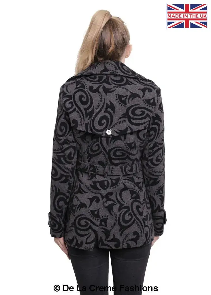 De La Creme - Womens Tribal Print Double Breasted Short Coat