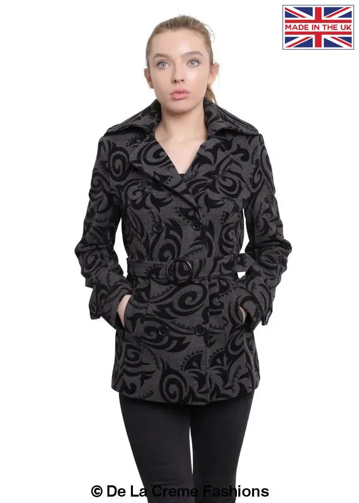 De La Creme - Womens Tribal Print Double Breasted Short Coat