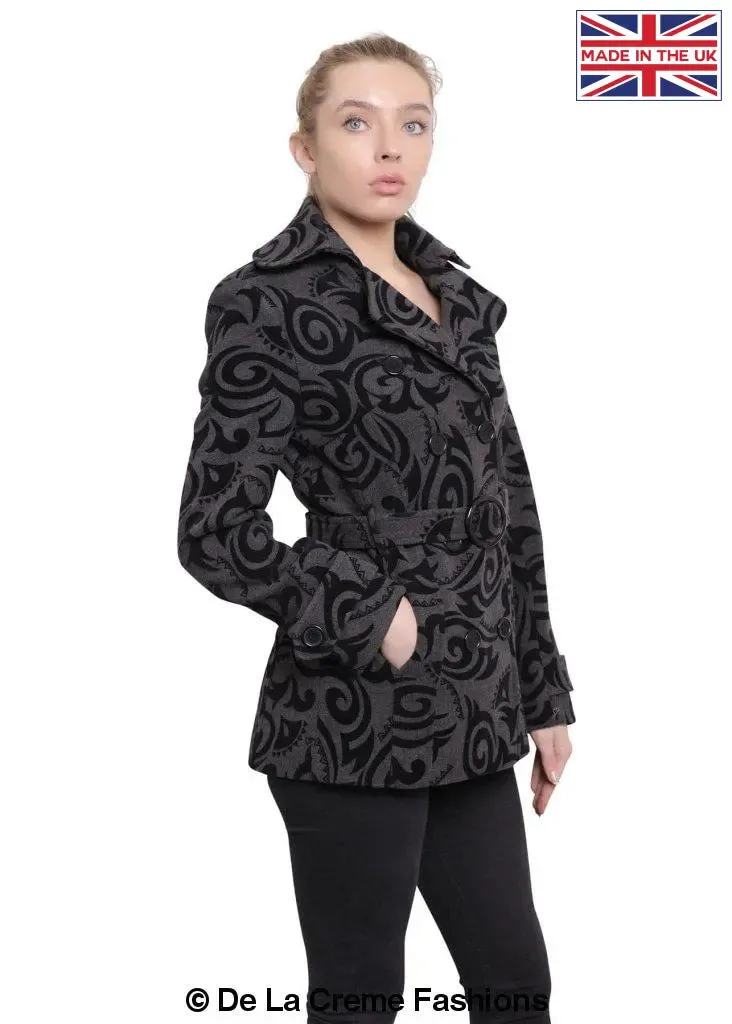 De La Creme - Womens Tribal Print Double Breasted Short Coat