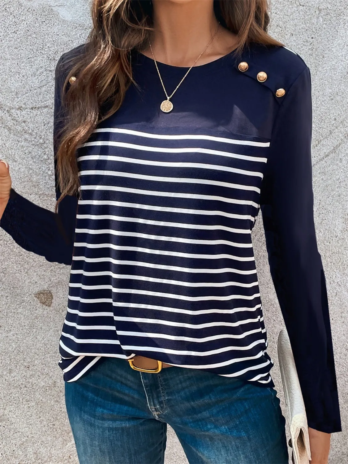 Decorative Button Striped Round Neck Long Sleeve T-Shirt