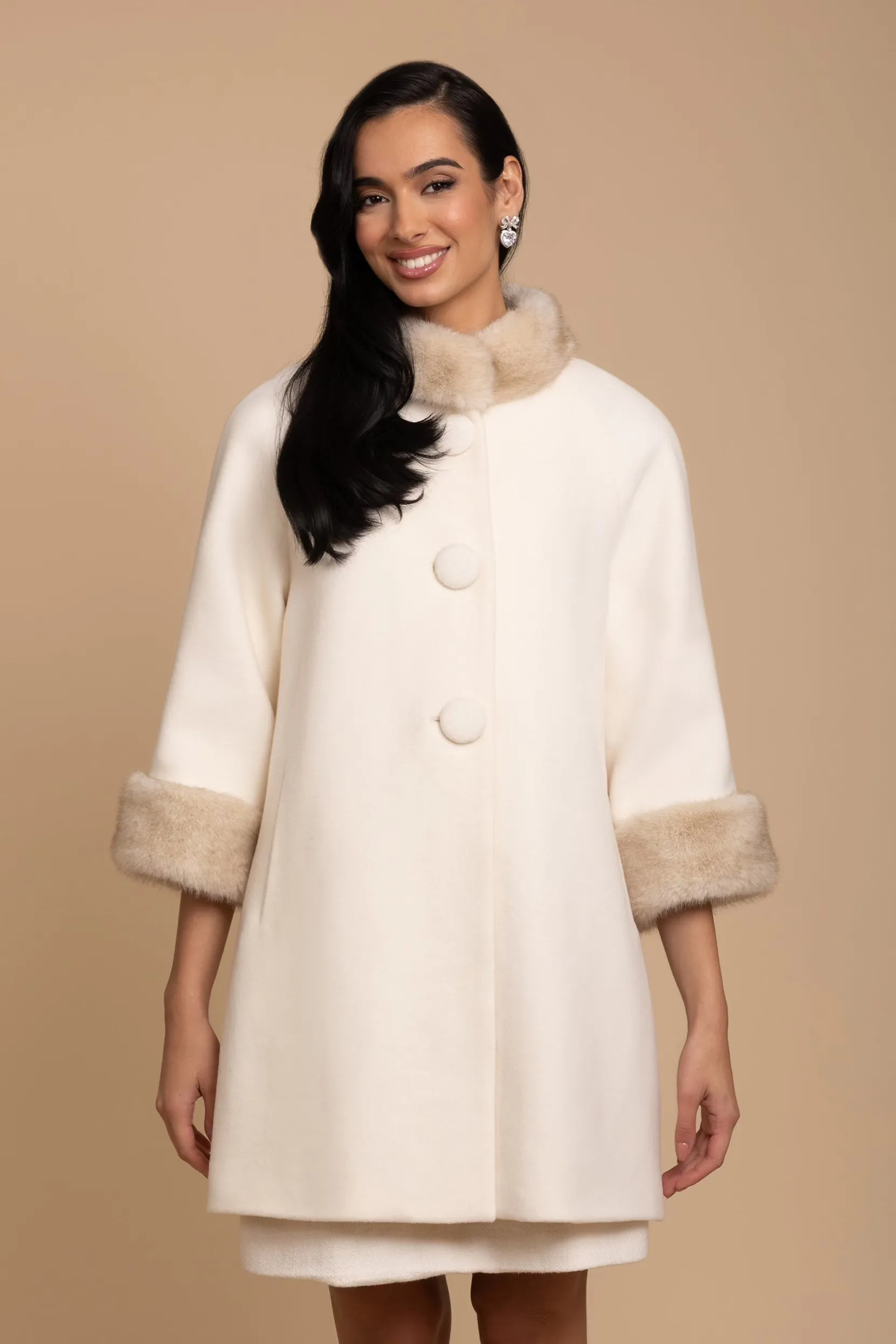 'Demure' Italian Virgin Wool and Cashmere Coat with Faux Mink