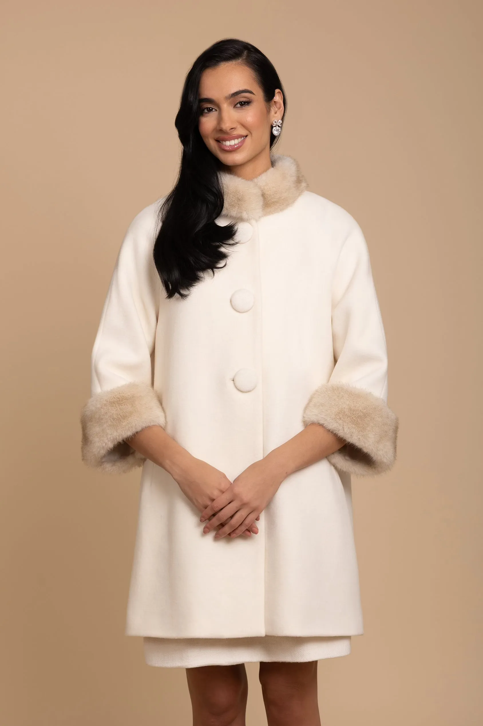 'Demure' Italian Virgin Wool and Cashmere Coat with Faux Mink