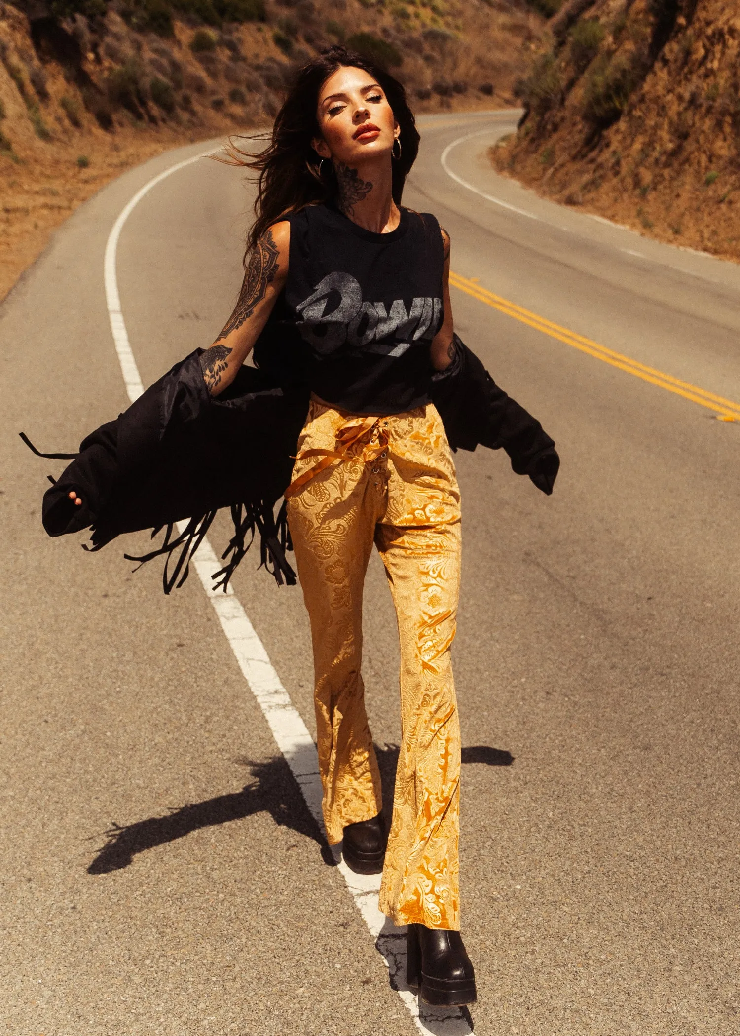 Desert Rose Mustard Yellow Burnout Velvet Flared Bell Bottom Pants