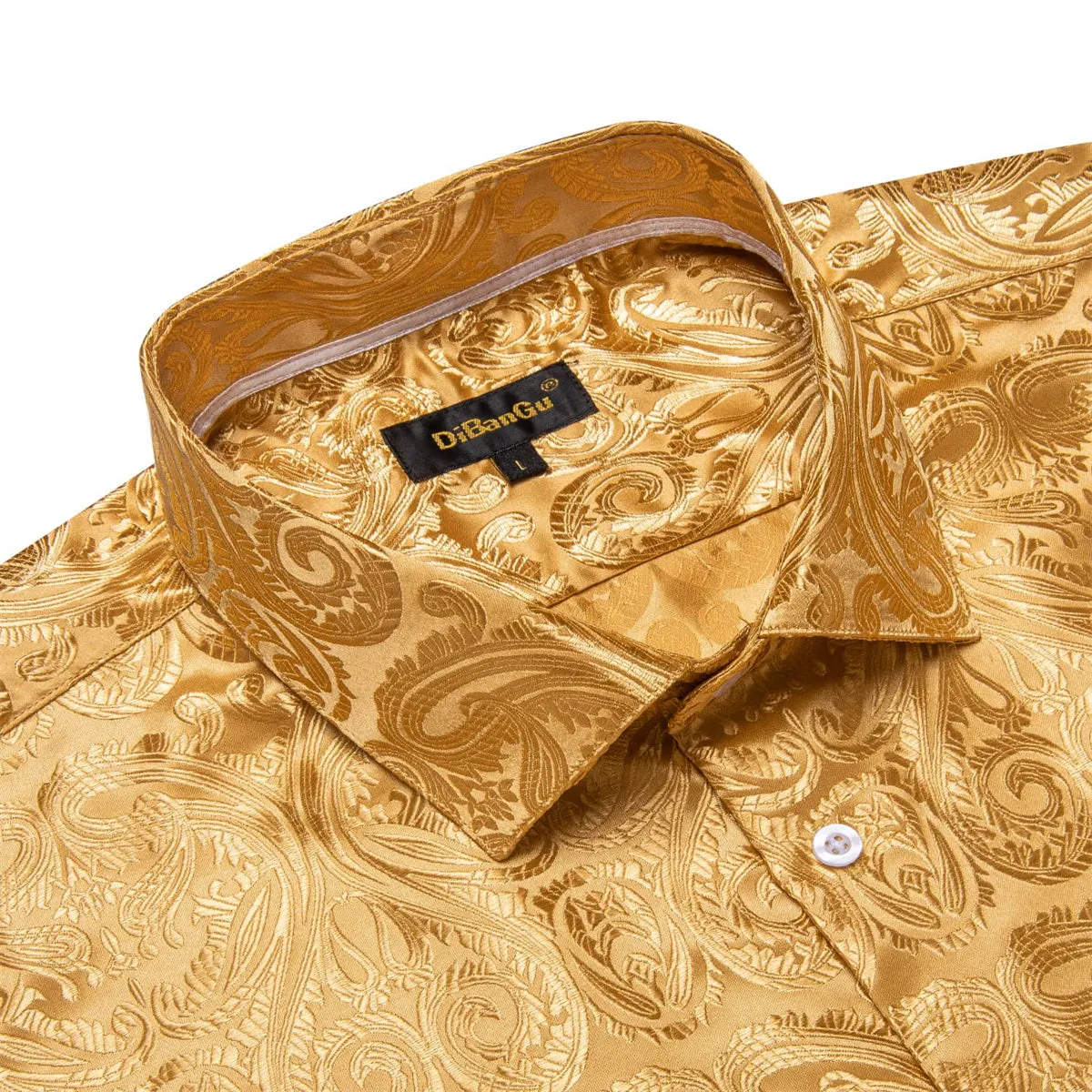 DiBanGu Shirt for Men Lion Brown Paisley Silk Button Up Long Sleeve Shirt Design