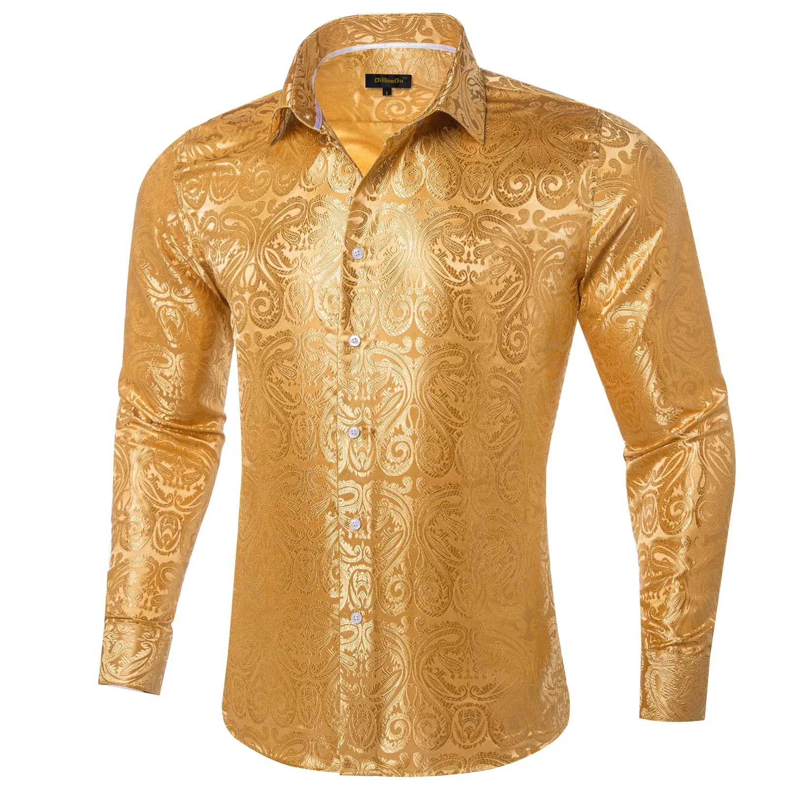 DiBanGu Shirt for Men Lion Brown Paisley Silk Button Up Long Sleeve Shirt Design