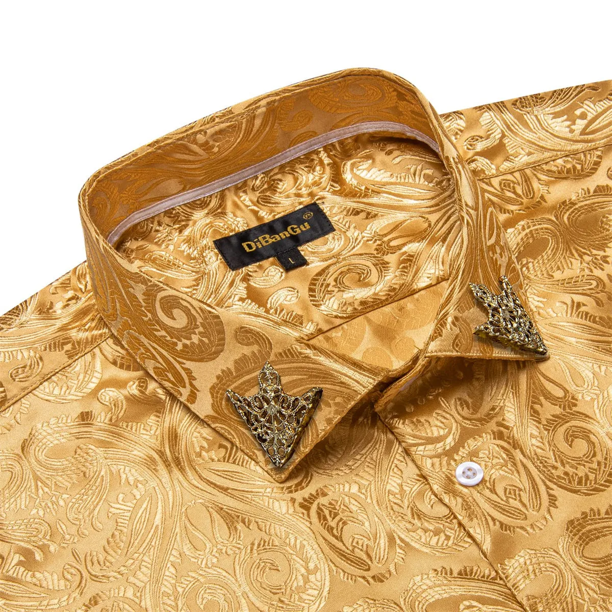 DiBanGu Shirt for Men Lion Brown Paisley Silk Button Up Long Sleeve Shirt Design