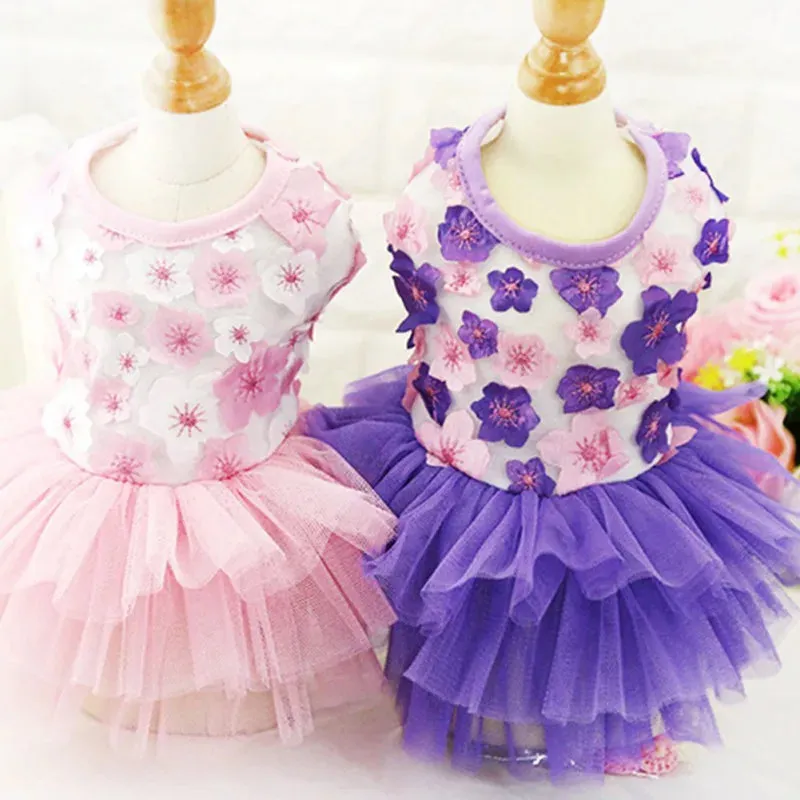 Dog Summer Dress Lace Chiffon Dress for Small Dogs Cat Lovely Floral Dress Pet Party Birthday Skirt Costumes Dog Wedding Dress