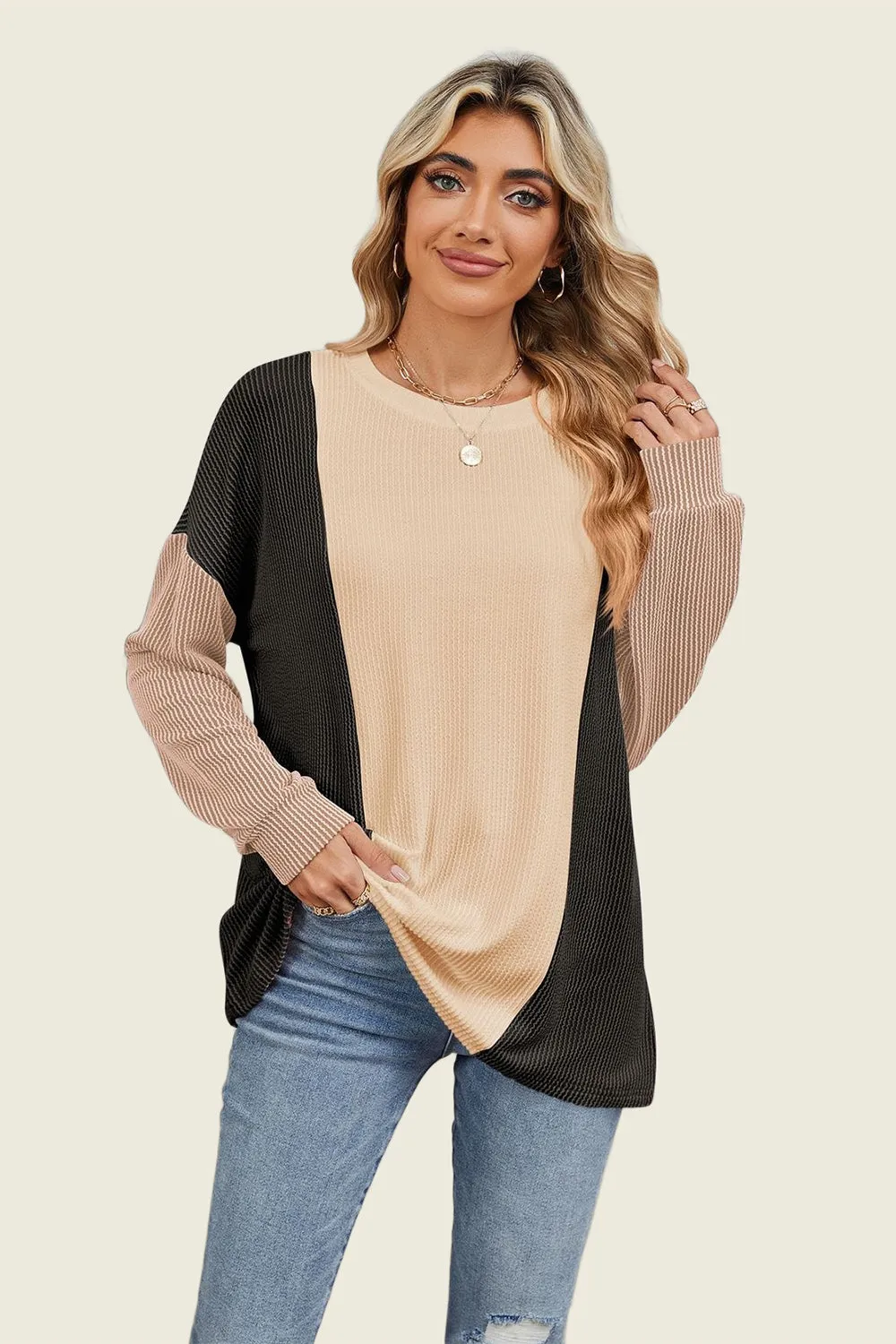 Double Take Texture Contrast Round Neck Long Sleeve T-Shirt