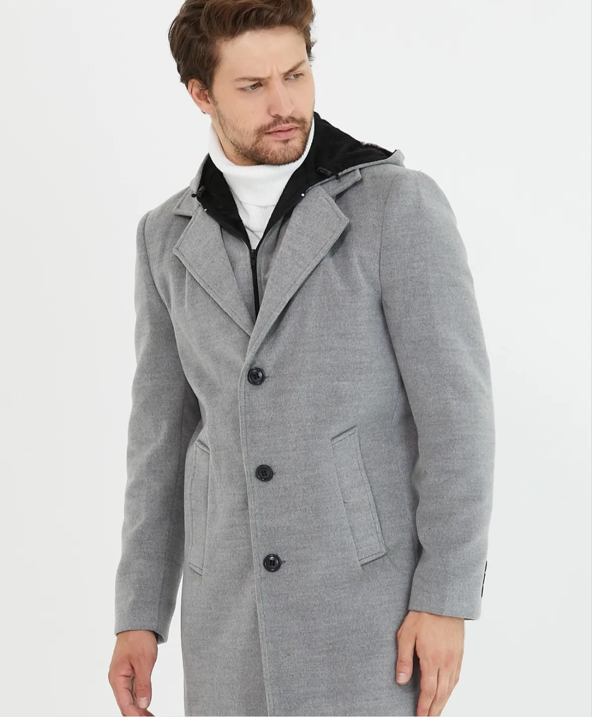 [Drew] Light Grey Single-Breasted Pea Coat with Removable Hood  –100% Wool