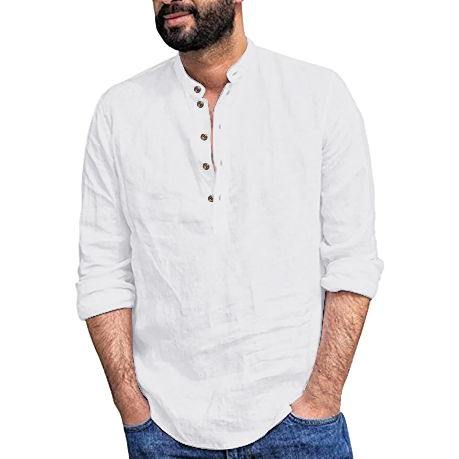 ESSENTIAL RETRO HENLEY LONG SLEEVE COTTON LINEN SHIRT