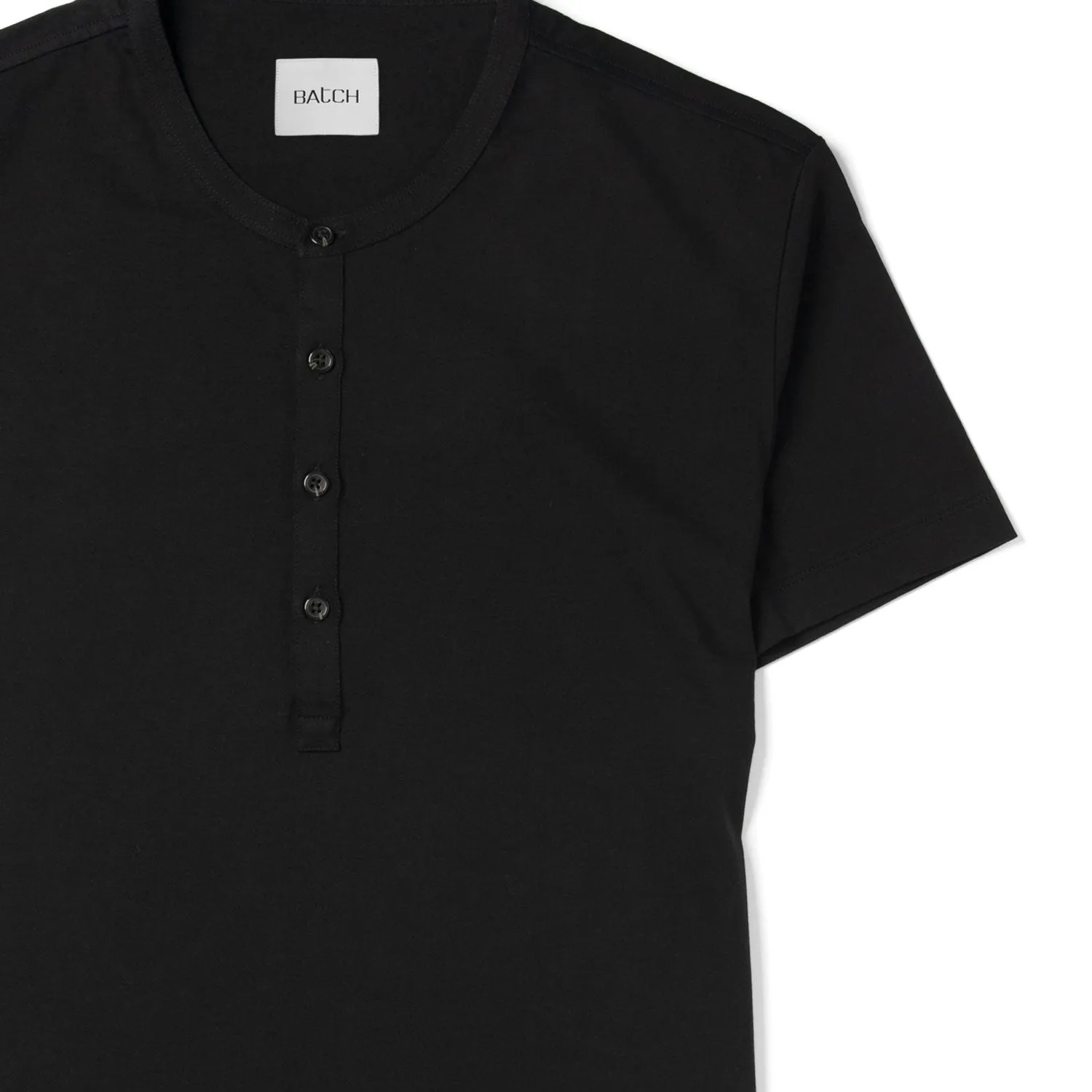 Essential Short Sleeve Curved Hem Henley –  Black Cotton Jersey