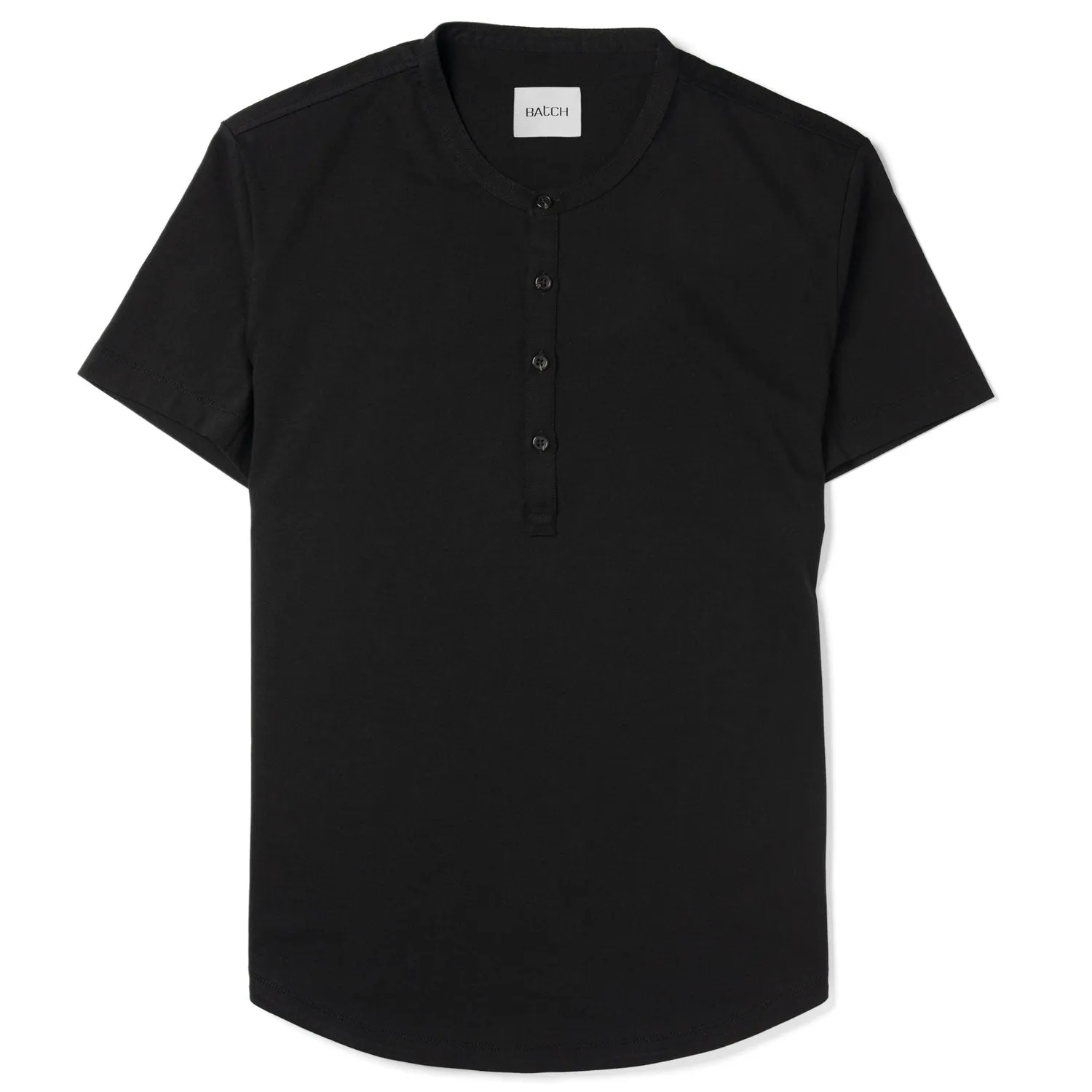 Essential Short Sleeve Curved Hem Henley –  Black Cotton Jersey