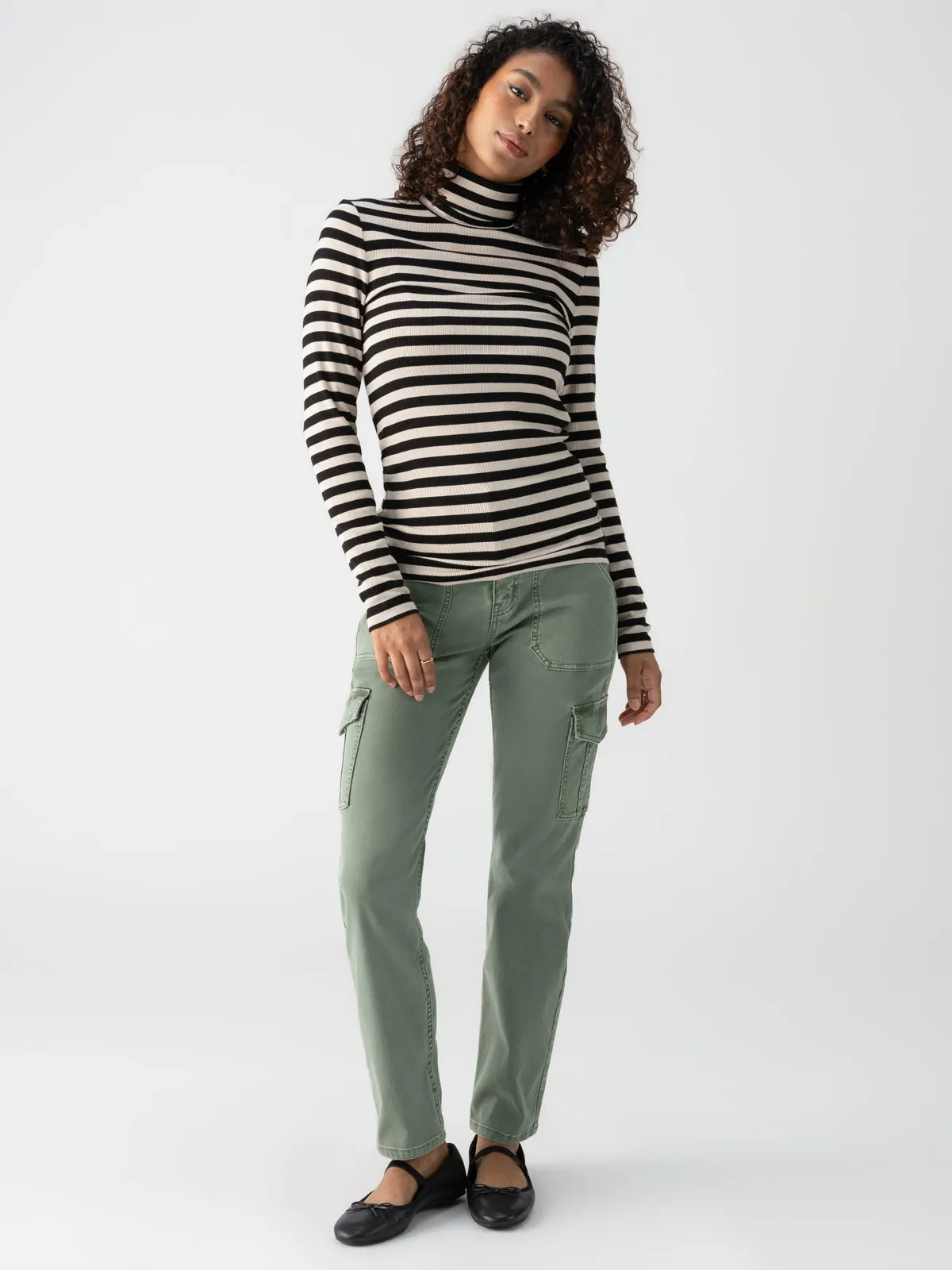 Essential Turtleneck Top Toasted Almond Black Mini Stripe