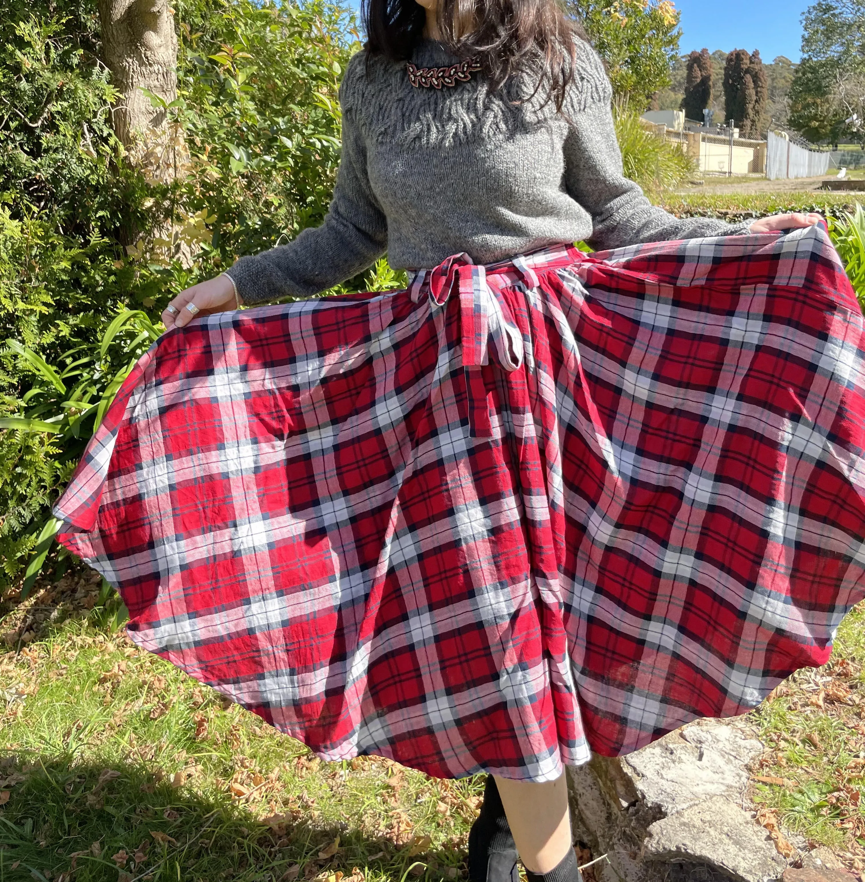 Fair Trade Umbrella Check Skirt - Red