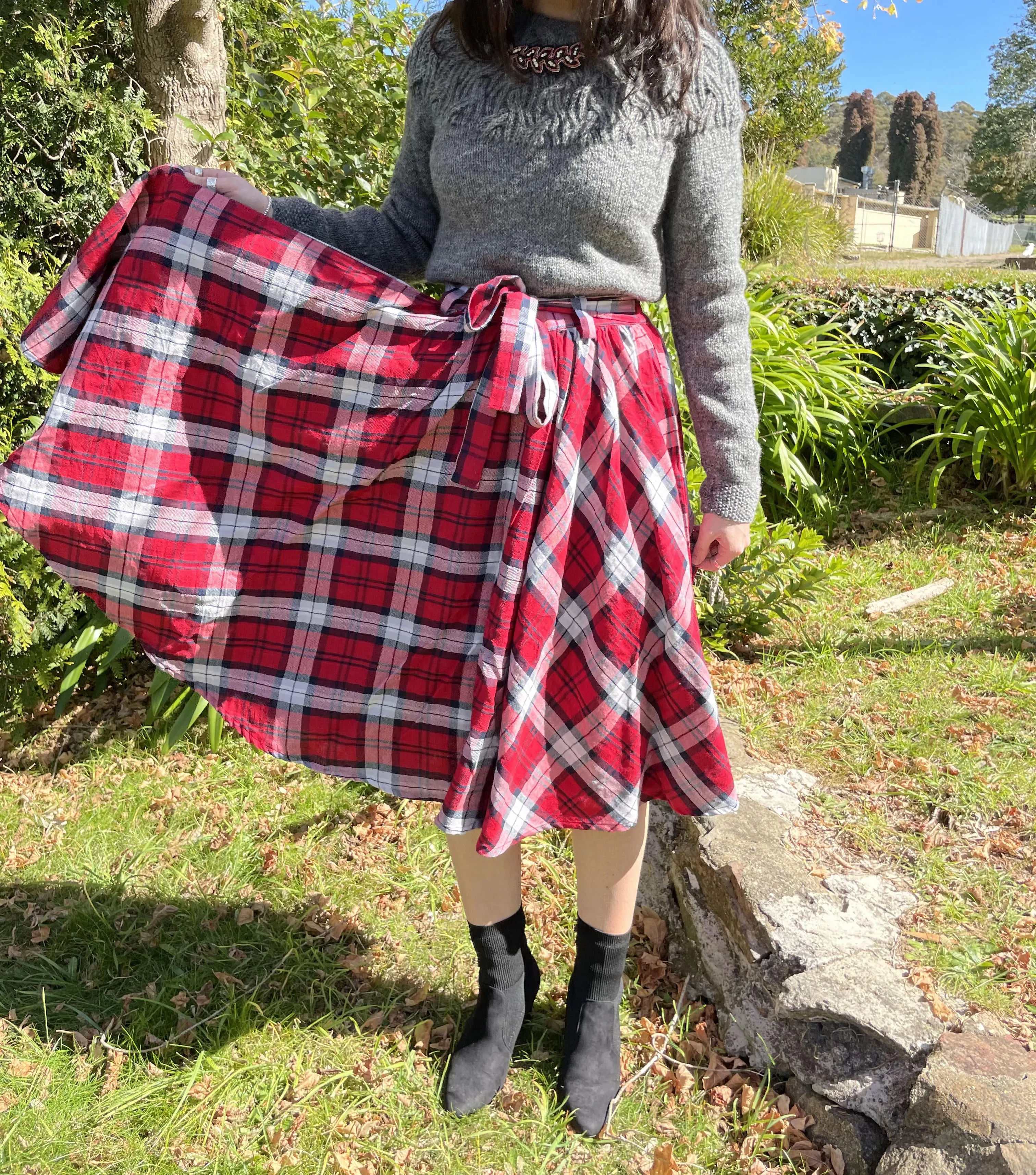 Fair Trade Umbrella Check Skirt - Red