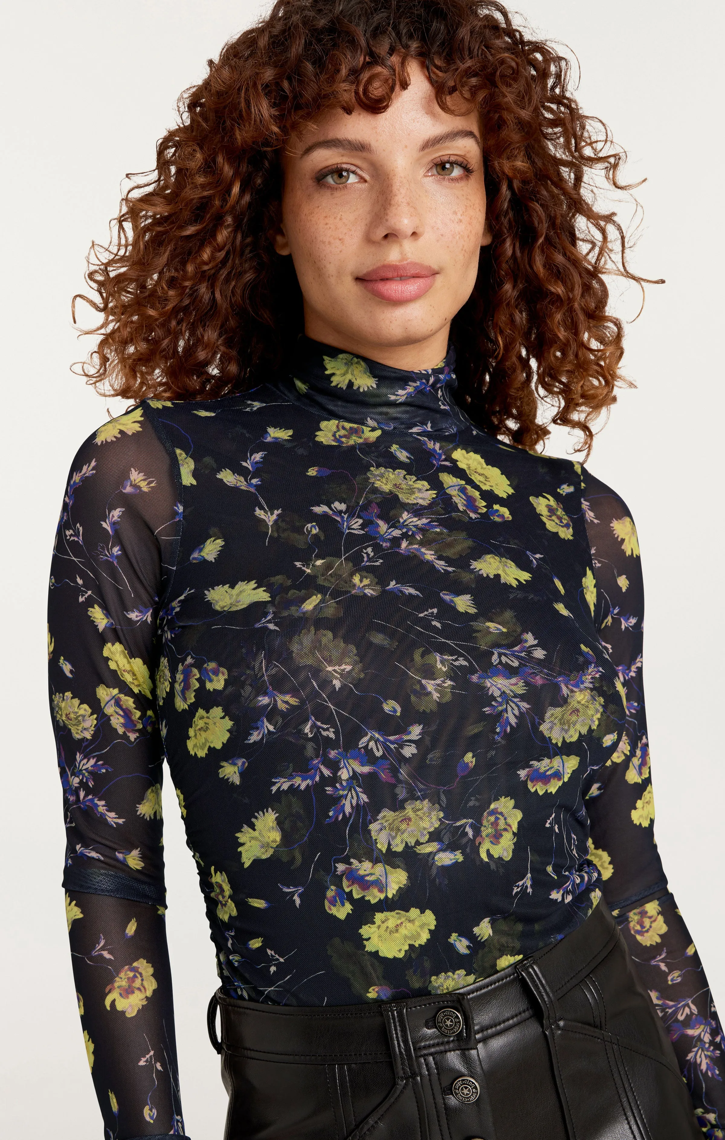 Falling Poppies Shirred Mesh Turtleneck