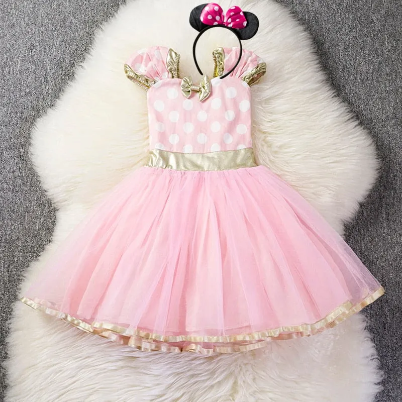 Fancy Princess Polka Dot Dresses with Mouse-Ears Headband