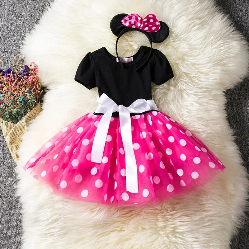 Fancy Princess Polka Dot Dresses with Mouse-Ears Headband