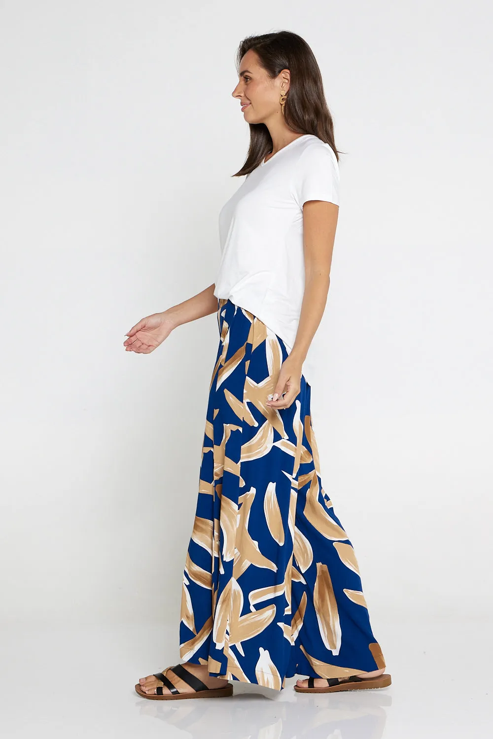 Farina Palazzo Pants - Navy/Brown Watercolour