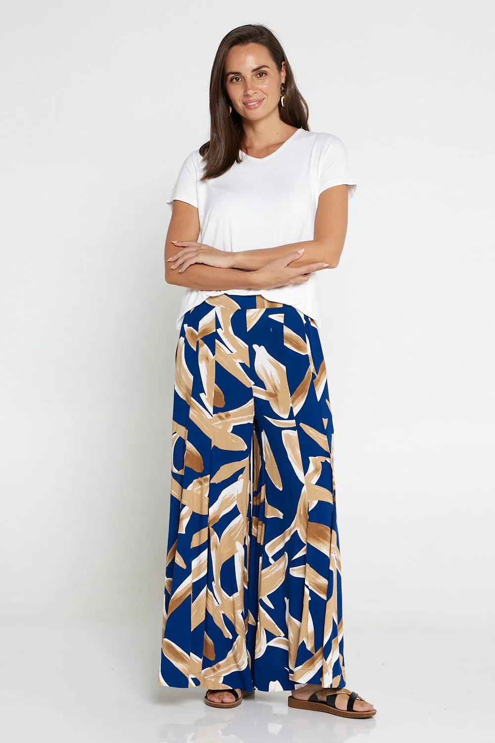 Farina Palazzo Pants - Navy/Brown Watercolour