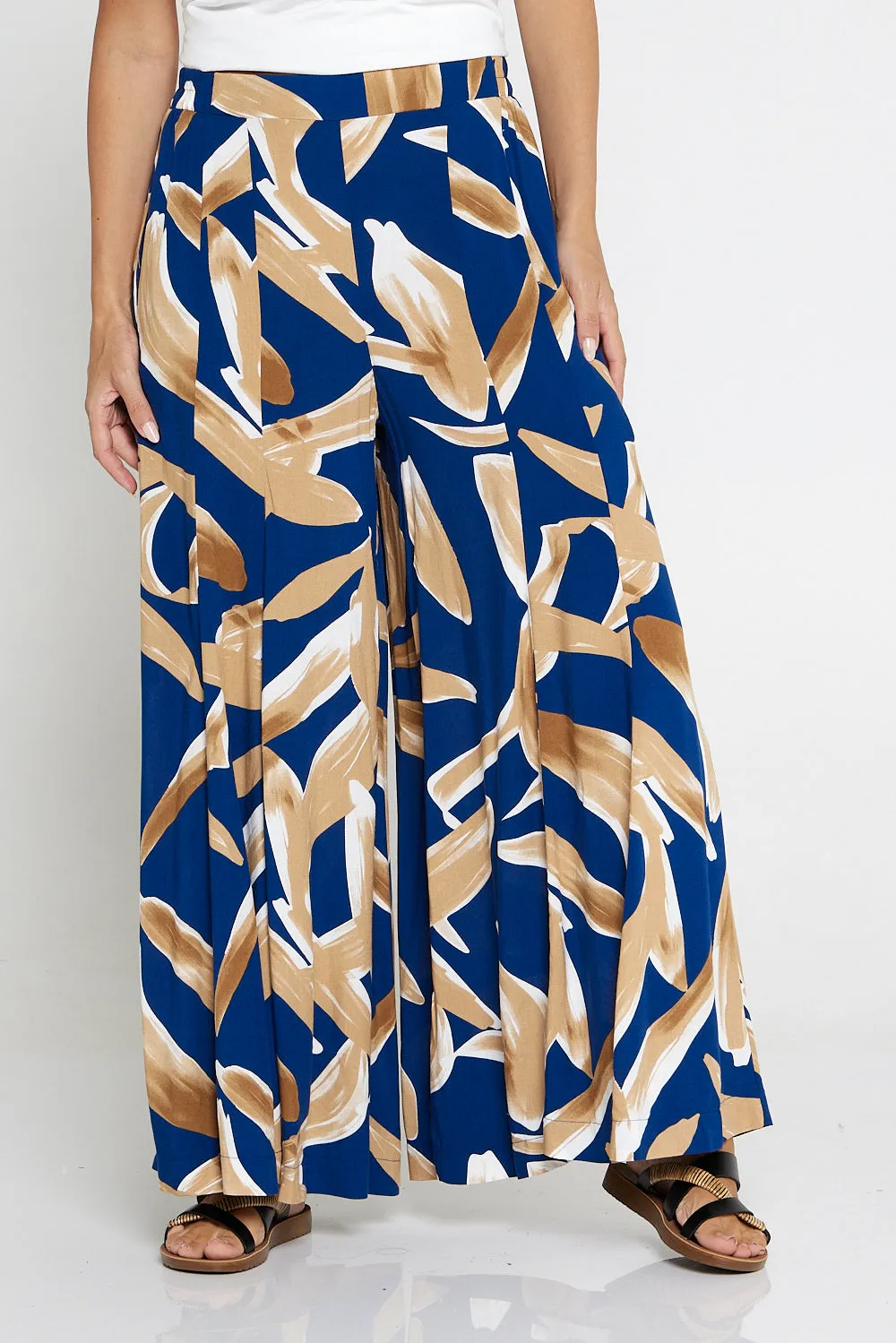 Farina Palazzo Pants - Navy/Brown Watercolour