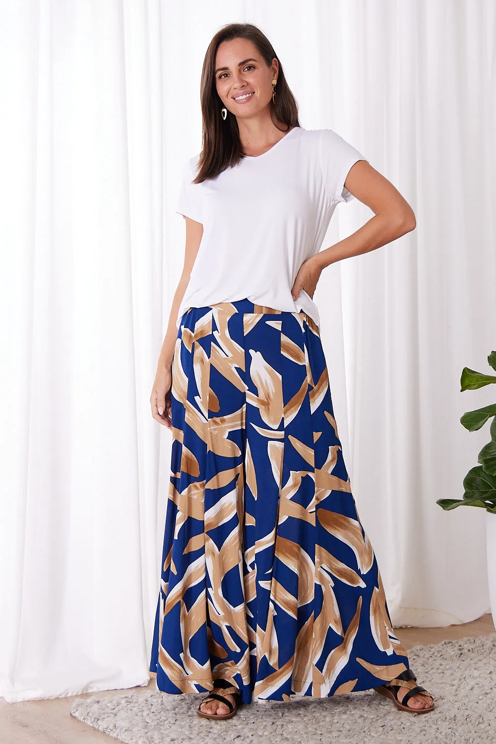 Farina Palazzo Pants - Navy/Brown Watercolour