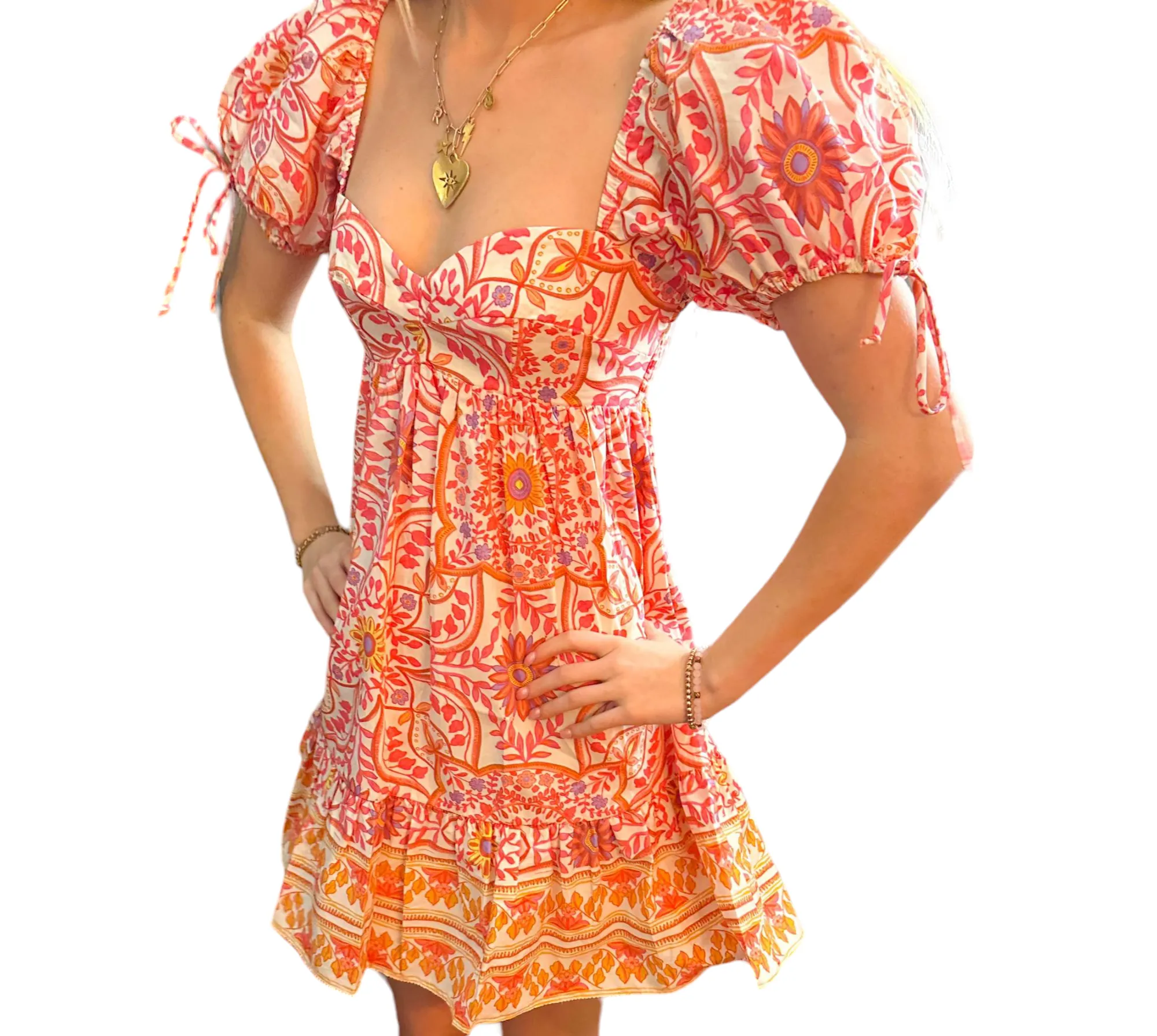 Floral Fiesta Babydoll Dress in Orange & Pink