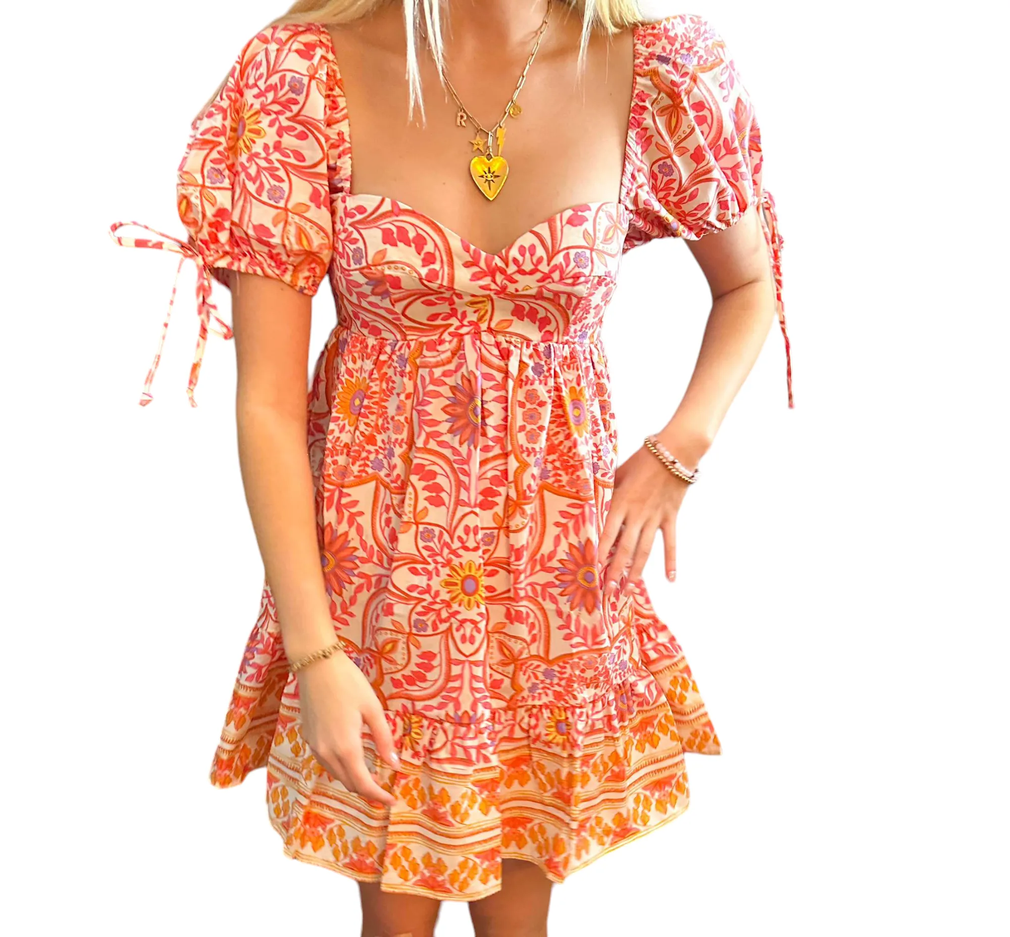 Floral Fiesta Babydoll Dress in Orange & Pink