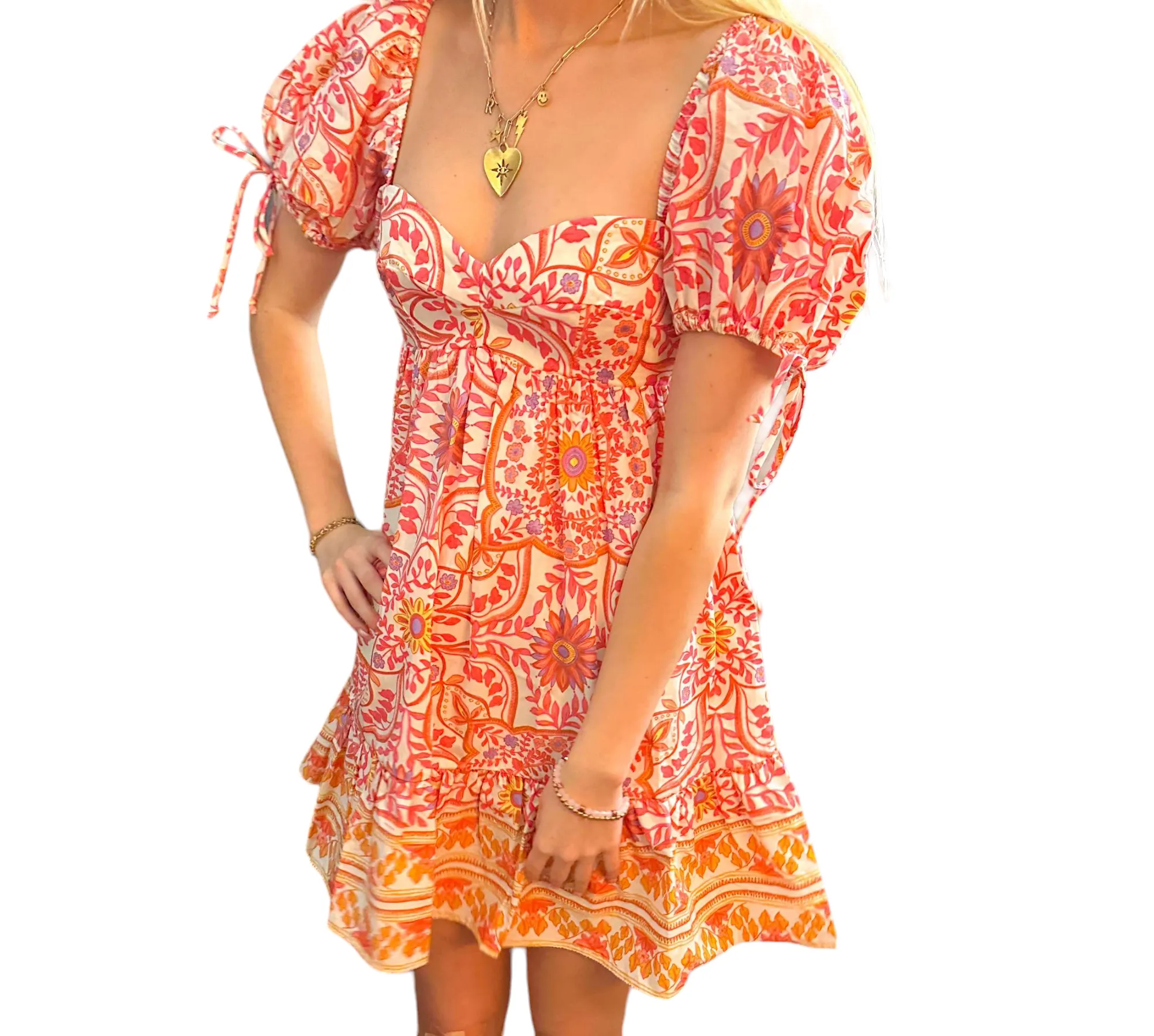 Floral Fiesta Babydoll Dress in Orange & Pink