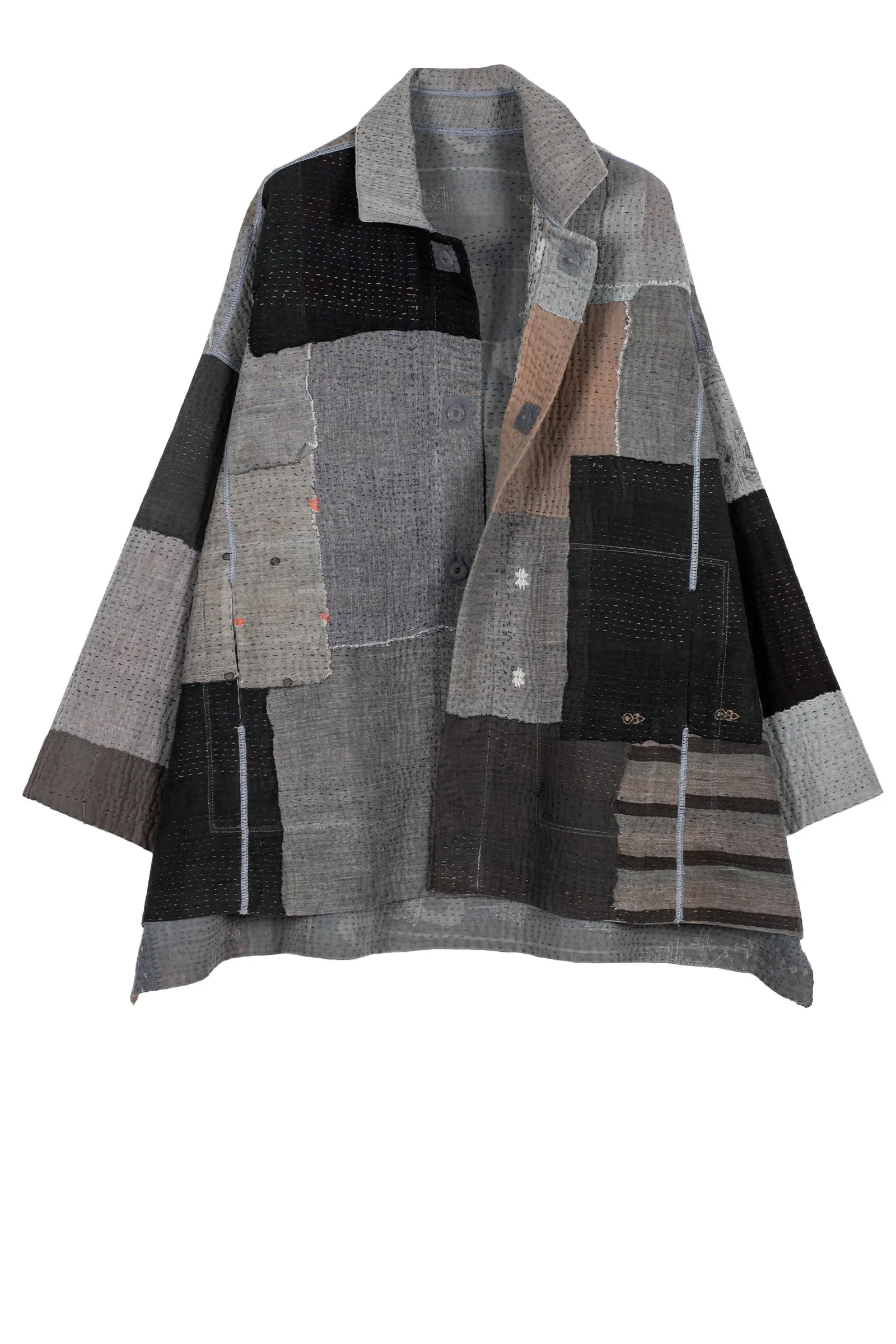 FRAYED PATCH KANTHA OVERSIZED MINI COAT