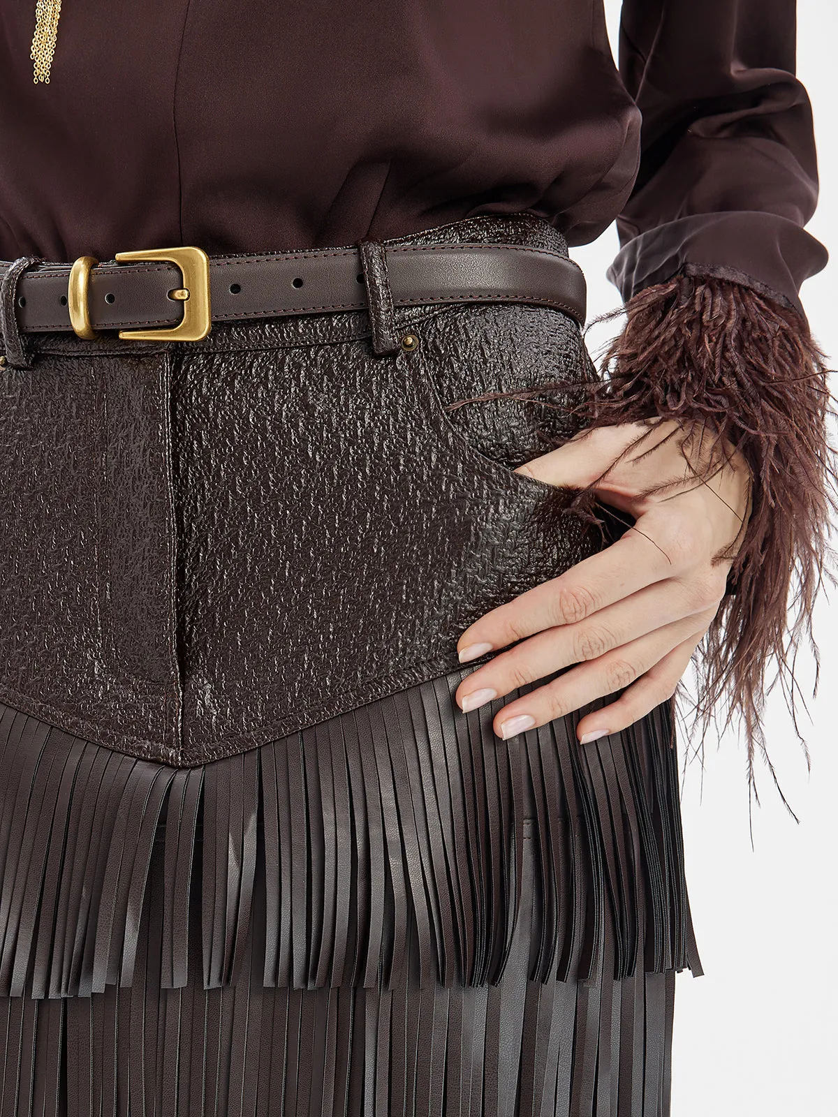 Fringe Leather Layered Skirt With Belt